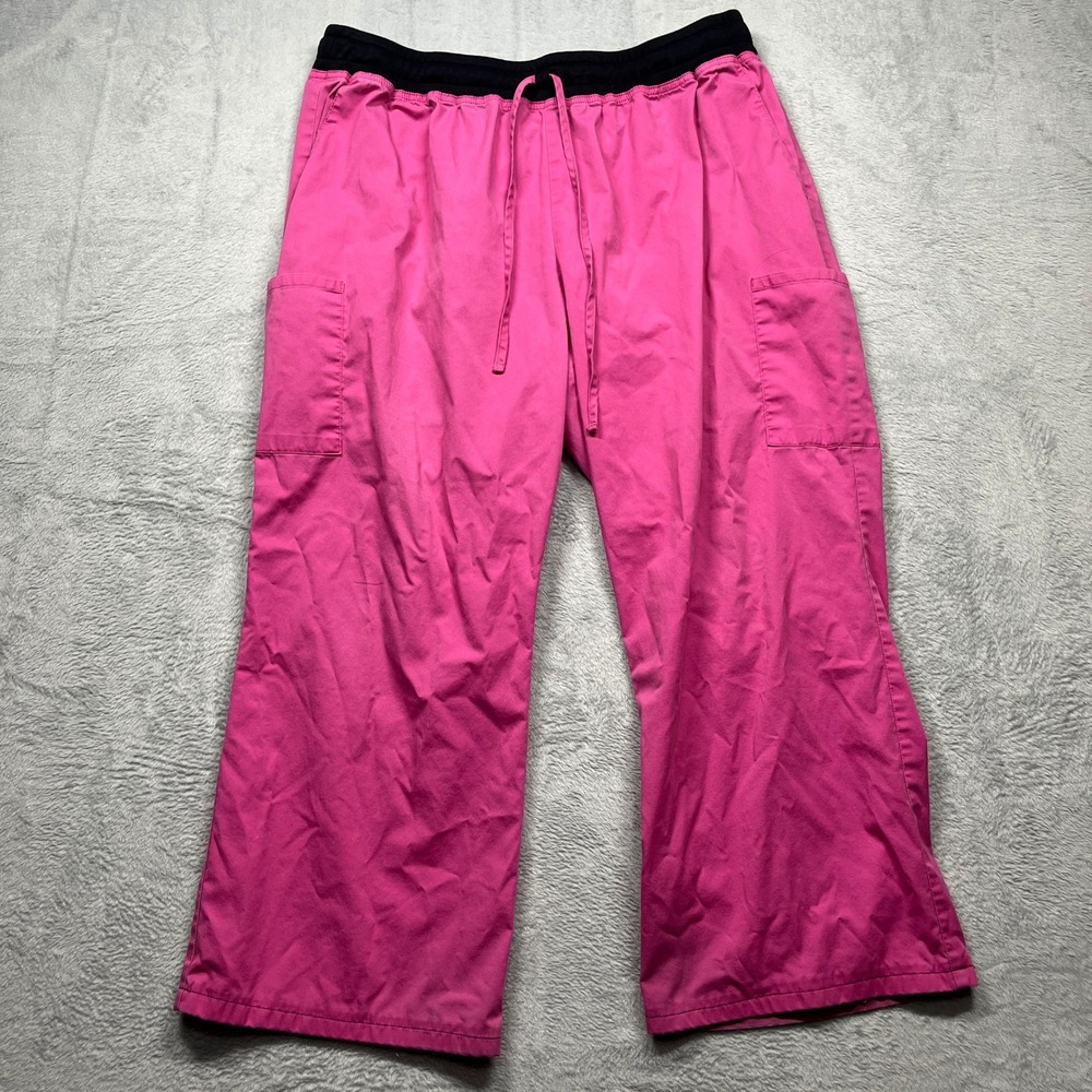 ScrubStar Scrub Pants Women XL Pink Black Knit Waist Cargo Medical Workwear